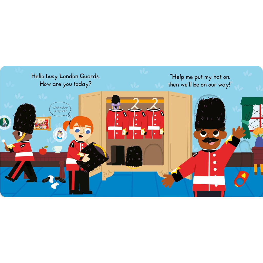 Illustration of London Guards in a room with a wardrobe and text bubbles.