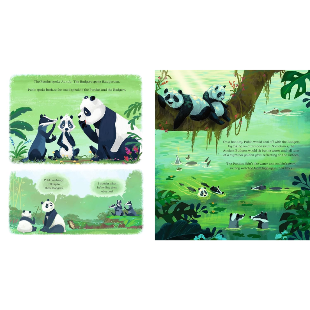 Illustrated book pages with pandas in a jungle setting