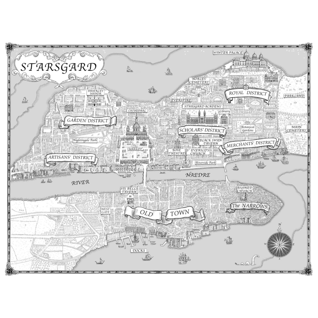 Black and white map of a fictional city named Starsgard with various districts labeled.