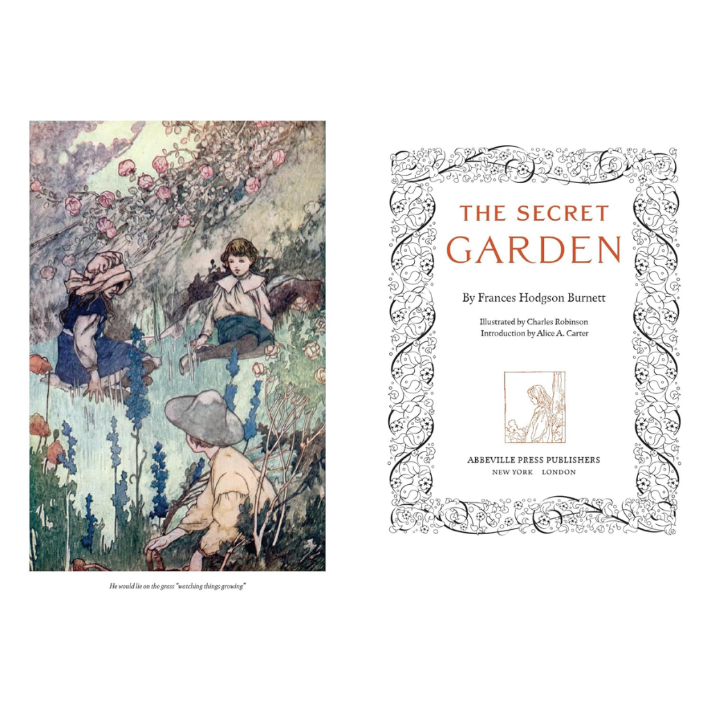 Book cover of 'The Secret Garden' with illustrations of children in a garden.