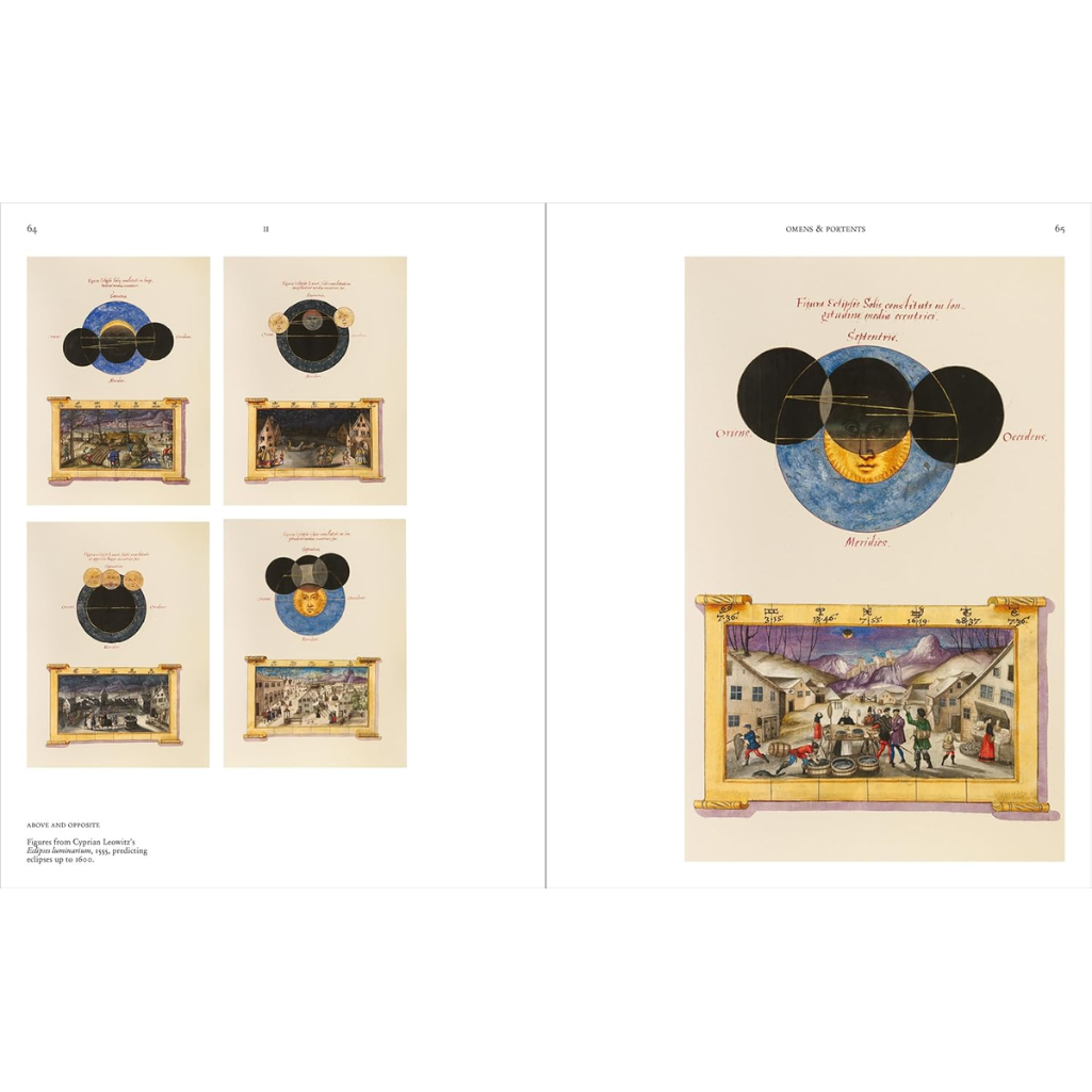 Illustrations of celestial bodies and architectural scenes on a white background