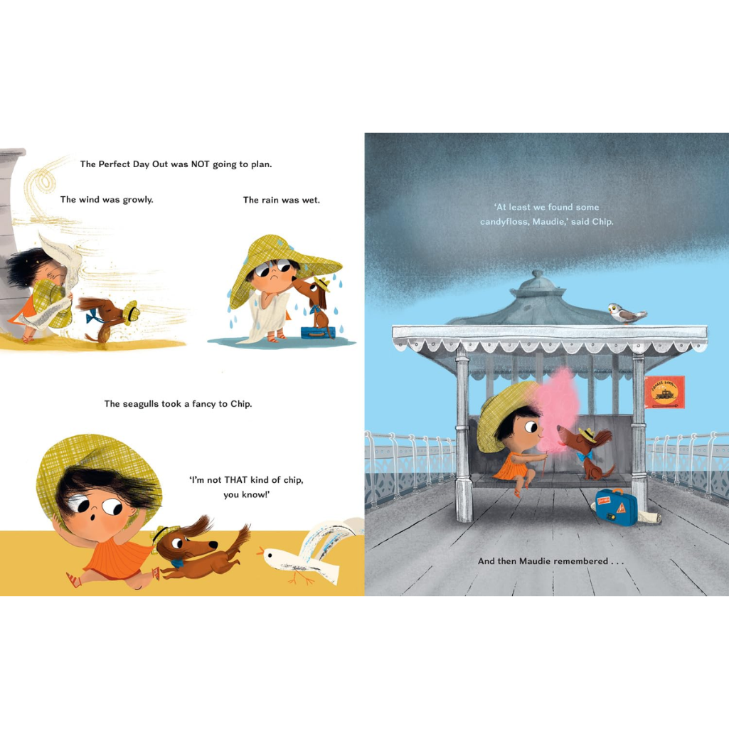 Illustrated book pages showing a child playing on a beach with a dog and a seagull, and later at a pier.