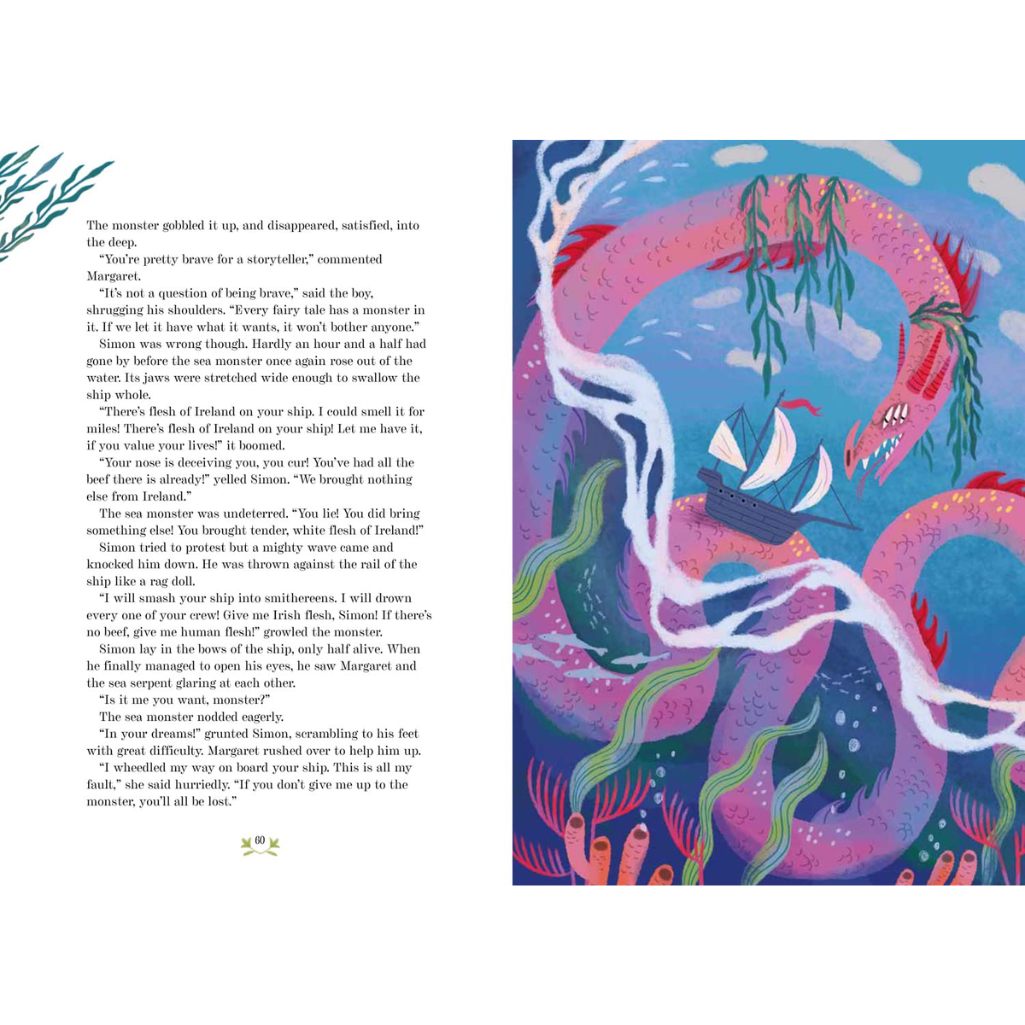 Illustrated book page with a colorful sea creature and text on a white background