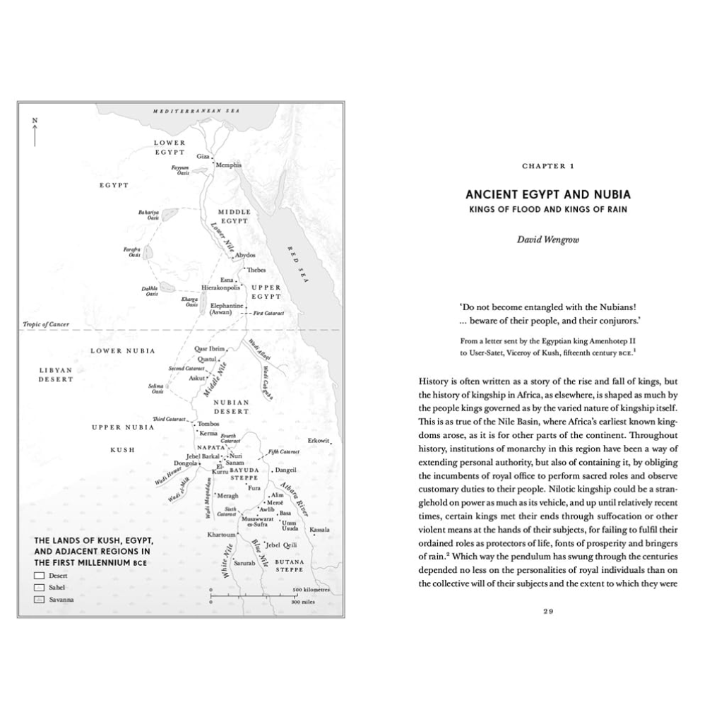 Map of ancient Egypt and Nubia on a book page with text.