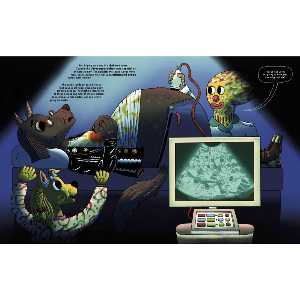 Illustrated scene with a creature, a computer monitor displaying an ultrasound, and various other elements on a dark background.