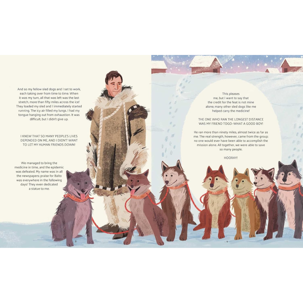 Illustrated book page with a person in winter clothing surrounded by wolves in a snowy landscape.