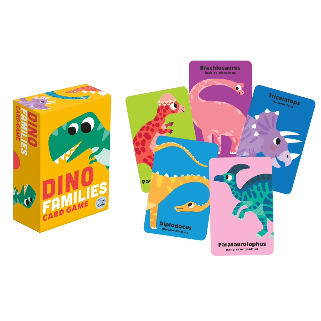 Dino Families card game with colorful dinosaur cards and packaging on a white background