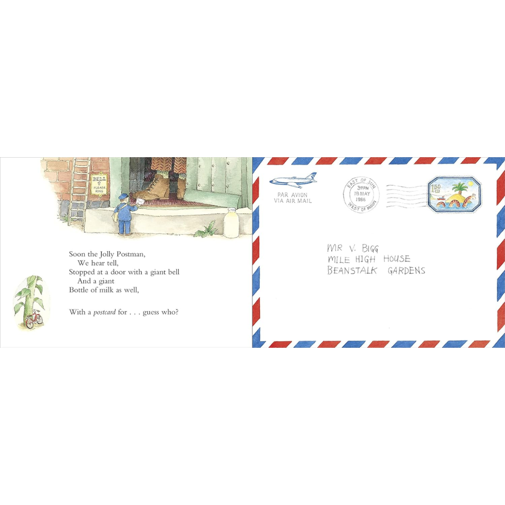 Illustrated envelope with a child and a giant, featuring text and a stamp.