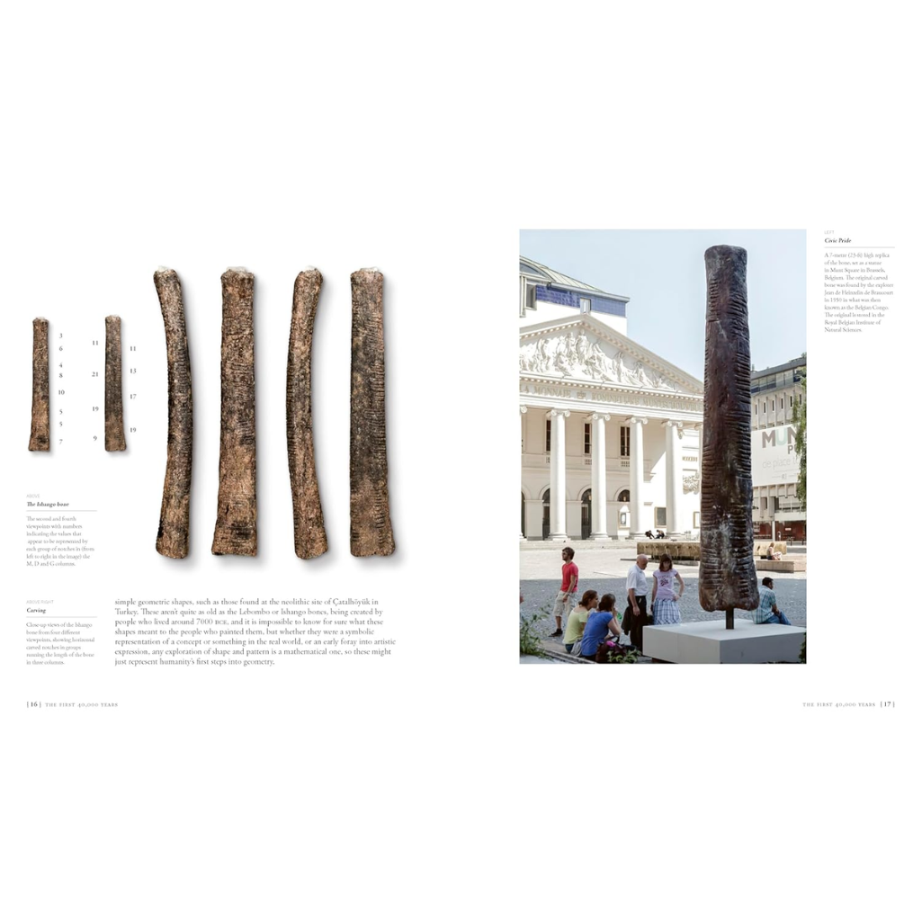 Comparison of wooden logs with a photograph of people near a building.