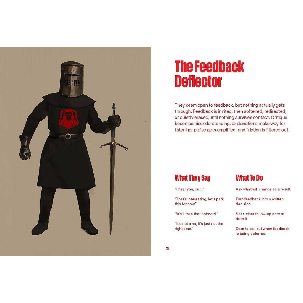 A printed page or poster layout with a black-robed armored figure holding a sword on the left, and text titled 'The Feedback Deflector' on the right. The page includes body copy, two columns of dialogue and action text, and a small page number at the bottom.