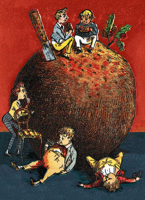 Illustration of children around a large pudding, pack of christmas cards