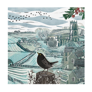 Pack of christmas cards, image of countryside with blackbird