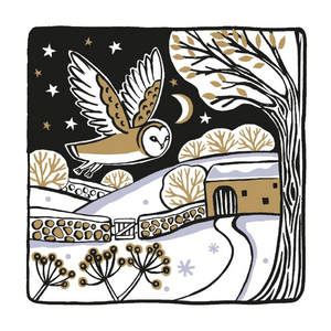 Christmas card with owl in black, gold, white