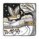 Christmas card with owl in black, gold, white