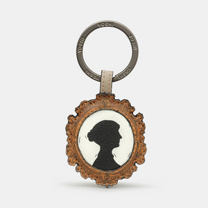 FRONT_ leather Jane Austen silhouette keyring fits all types of keys on its secure metal ring fitting