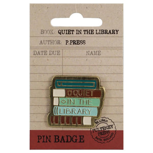 Quiet in the Library Pin badge on backing card