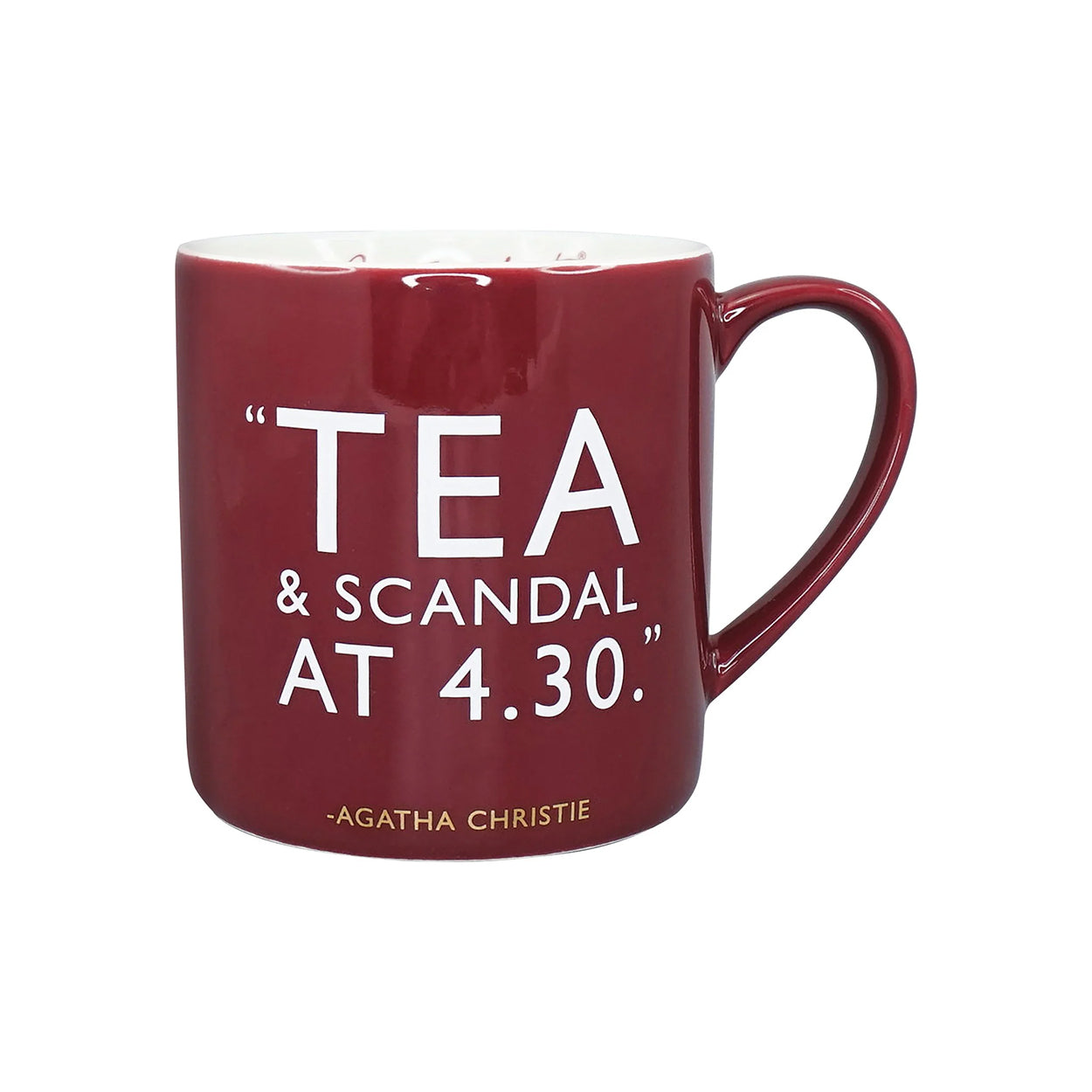 Burgundy mug with the quote 'Tea & Scandal at 4.30' in white lettering