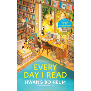 Book cover of 'Every Day I Read' by Hwang Bo Reum, depicting a cozy room with bookshelves and a desk.