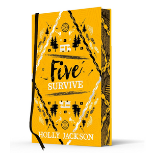 Book cover of 'Five Survive' by Holly Jackson with a yellow background and black illustrations.