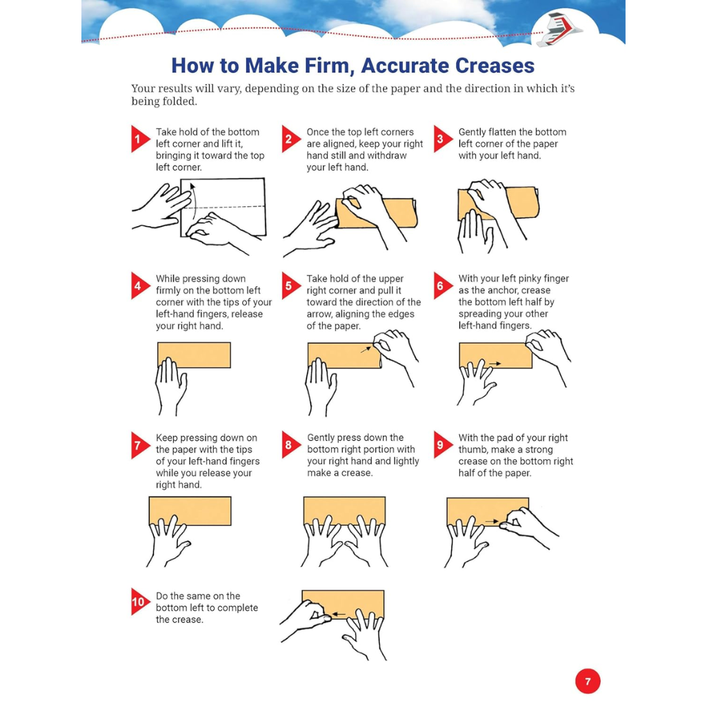 Instructions on how to make firm, accurate creases with hands on a white background