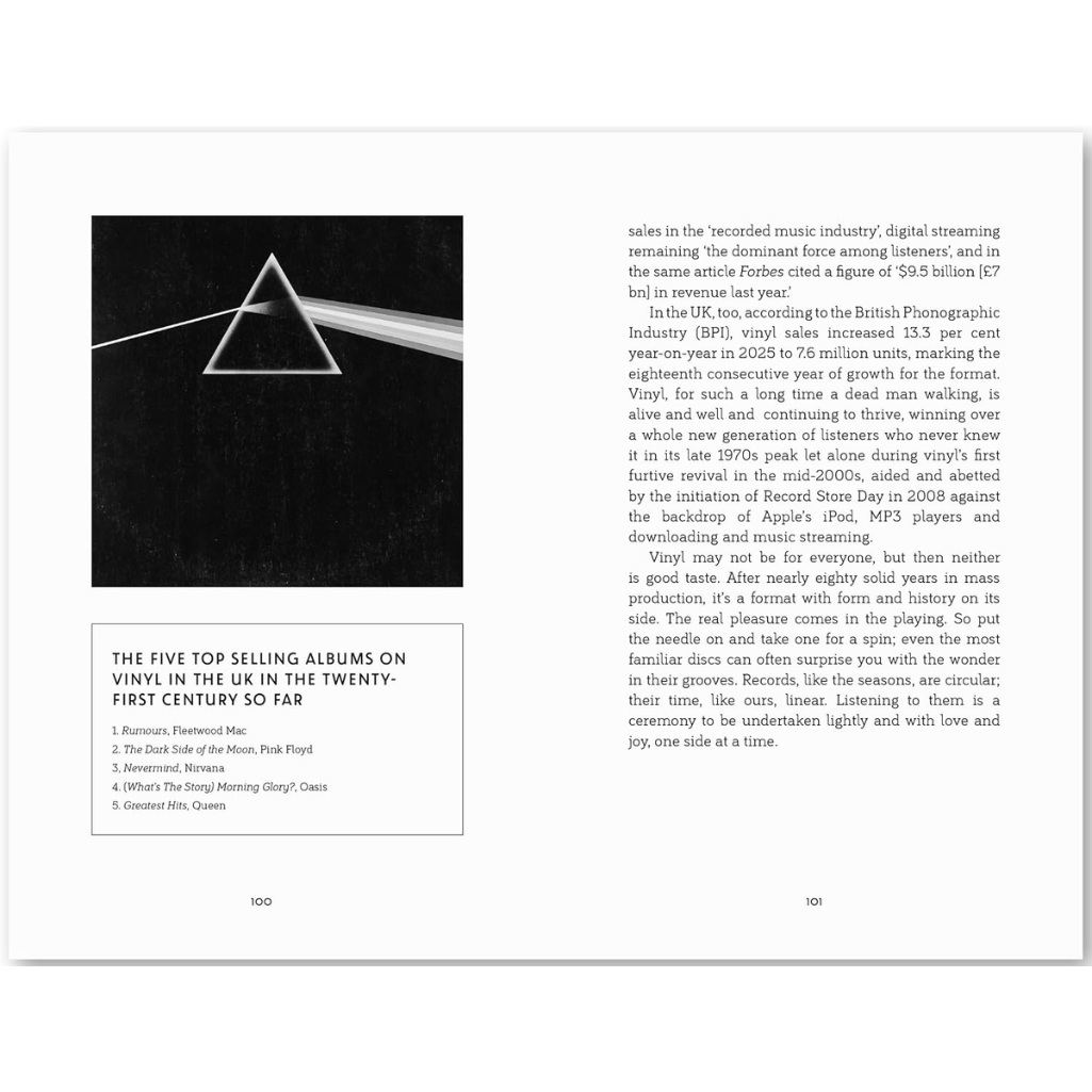 A printed page from a book or magazine showing a black-and-white geometric album-art graphic, with the text 'THE FIVE TOP SELLING ALBUMS ON VINYL IN THE UK IN THE TWENTY-FIRST CENTURY SO FAR' and a numbered list below.
