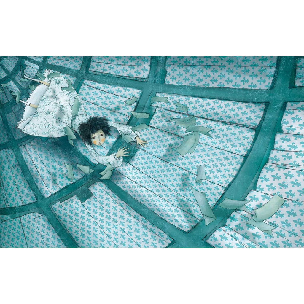 A doll with dark curly hair wearing a white patterned dress lies on a teal and white patterned floor with scattered paper pieces.