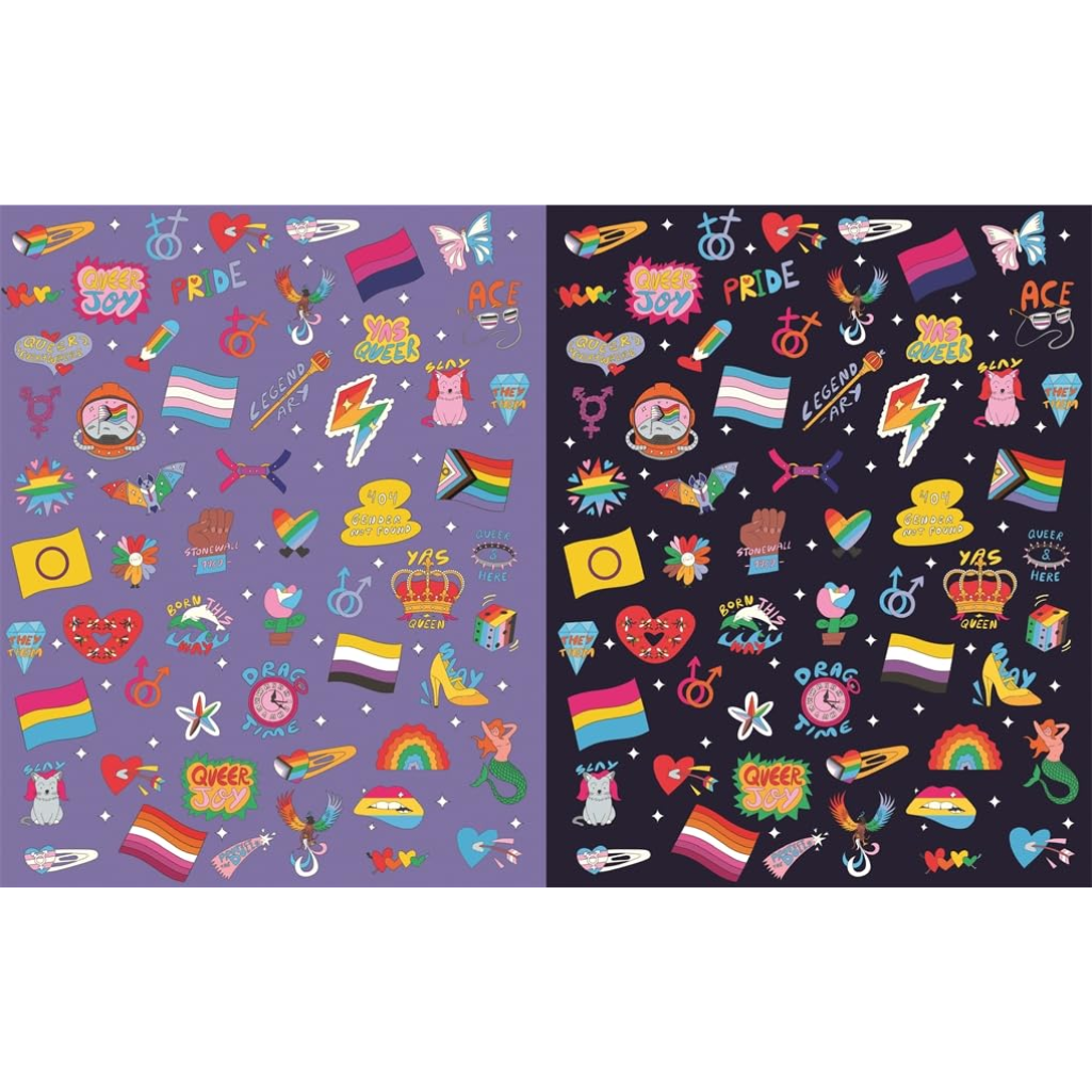 Two fabric swatches with colorful pride-themed designs on a purple and black background.
