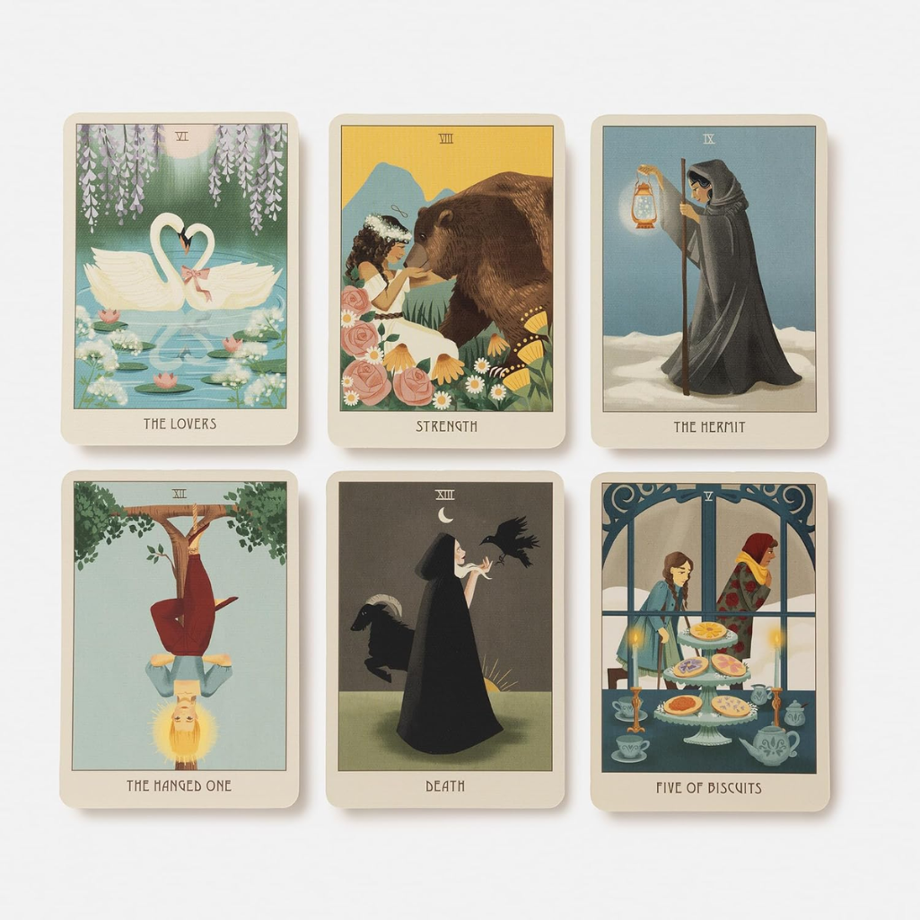 Set of six tarot cards with illustrated scenes and characters on a white background
