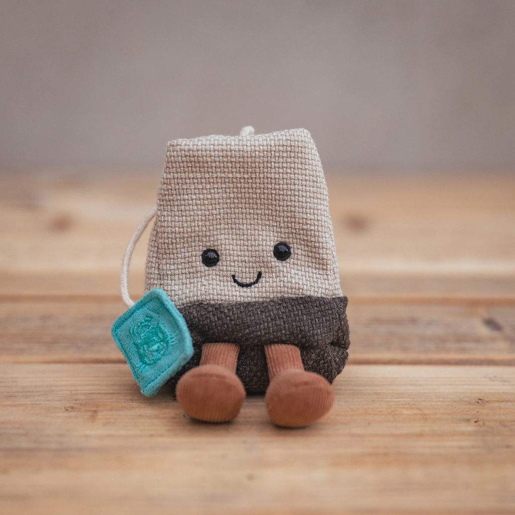 Jellycat Tea Bag plush, ready for tea