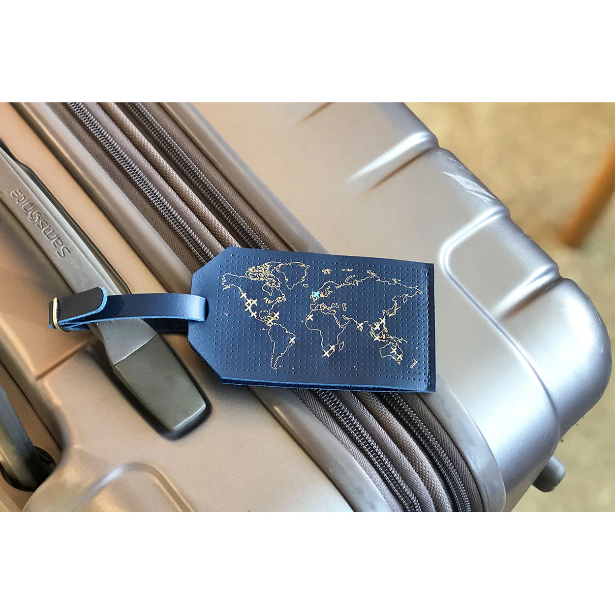 Stitch Map Luggage Tag in Navy Leather