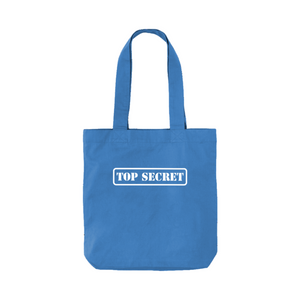 Blue tote bag with 'TOP SECRET' text on a white background