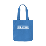 Blue tote bag with 'TOP SECRET' text on a white background