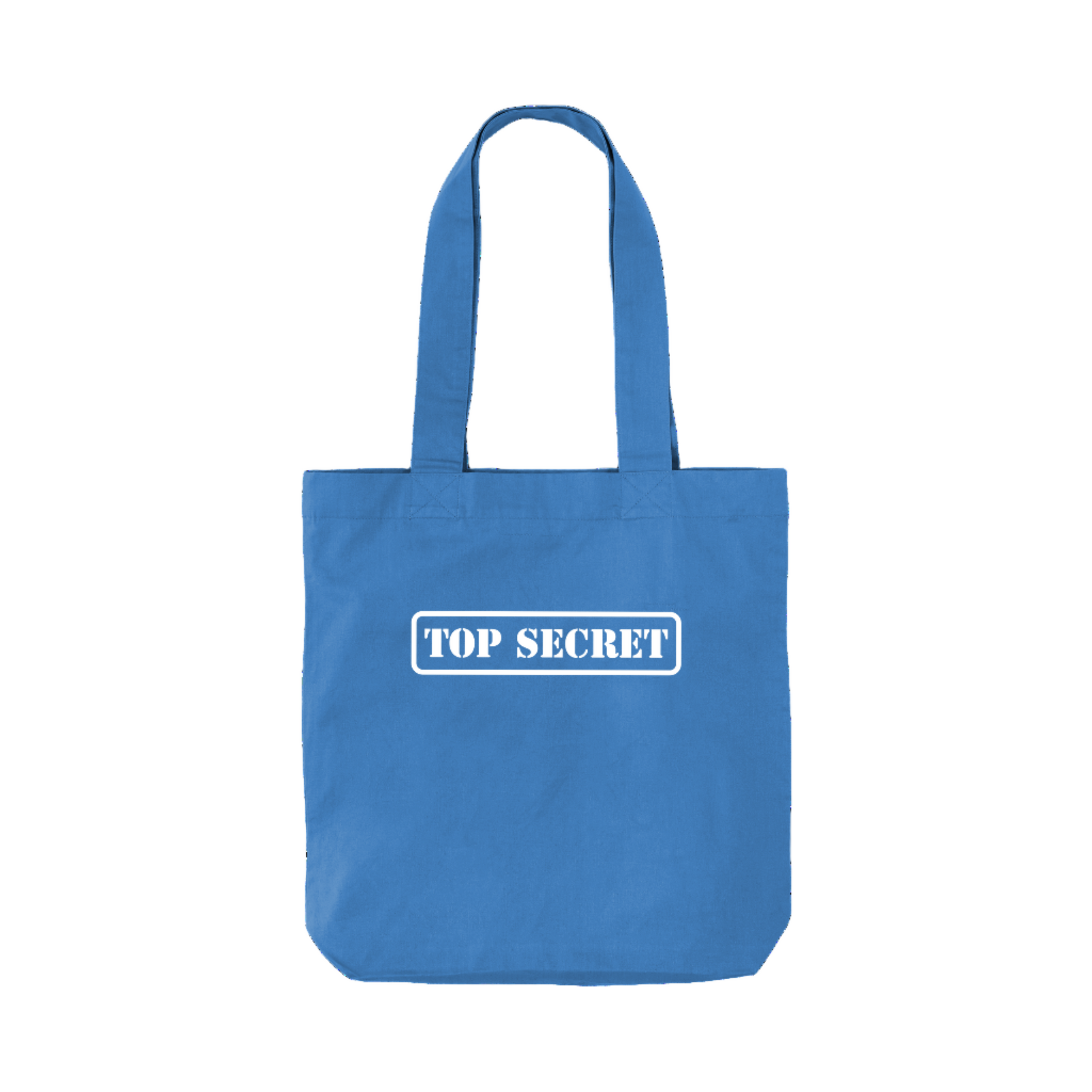 Blue tote bag with 'TOP SECRET' text on a white background