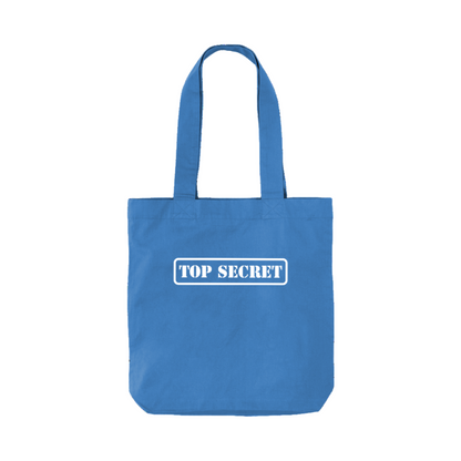 Blue tote bag with 'TOP SECRET' text on a white background