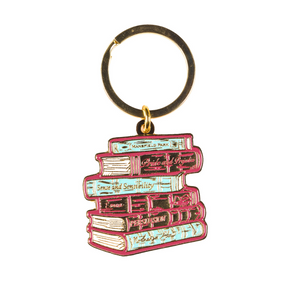Enamelled gold effect keyring features a bookstack of Jane Austen's classic novel