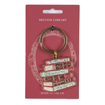 Enamelled gold effect keyring features a bookstack of Jane Austen's classic novel, in packaging with cameo backing card and british library text