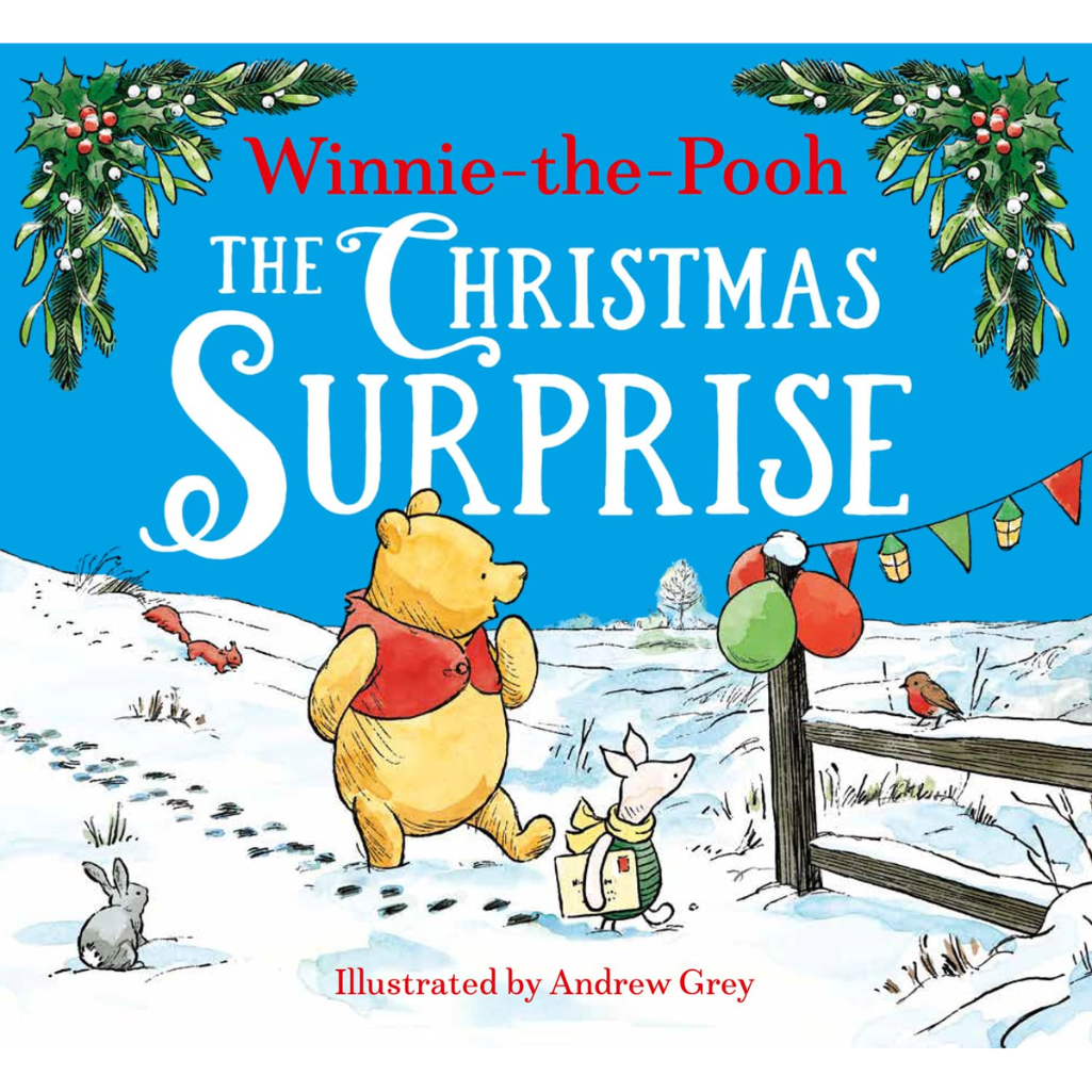 Book cover of 'Winnie-the-Pooh: The Christmas Surprise' with characters in a snowy scene.