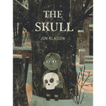 Book cover of 'The Skull' by Jon Klassen with a child holding a skull behind a tree.