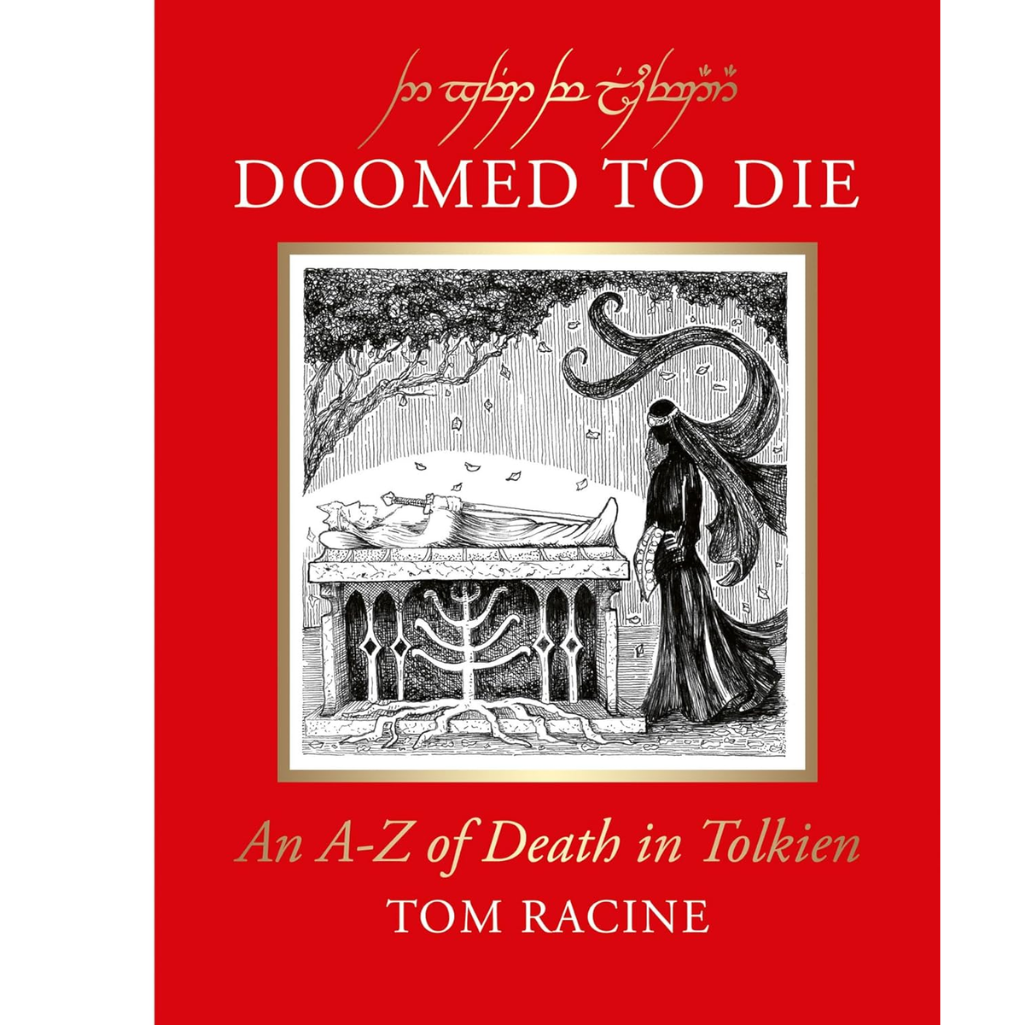 Book cover of 'Doomed to Die' by Tom Racine with a red background and black and white illustration.