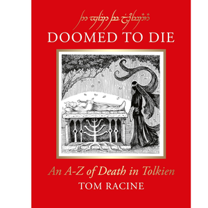 Book cover of 'Doomed to Die' by Tom Racine with a red background and black and white illustration.