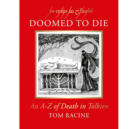 Book cover of 'Doomed to Die' by Tom Racine with a red background and black and white illustration.