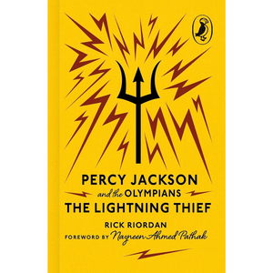 Book cover of 'The Lightning Thief' from 'Percy Jackson and the Olympians' series with a yellow background and trident symbol.