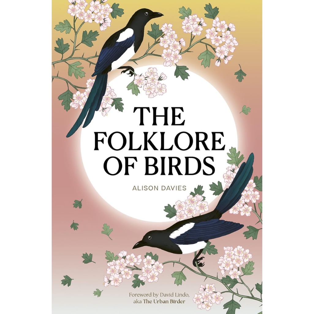 Book cover of 'The Folklore of Birds' with birds and flowers on a pink background