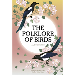 Book cover of 'The Folklore of Birds' with birds and flowers on a pink background