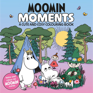Cover of 'Moomin Moments' coloring book with Moomin characters in a forest setting.