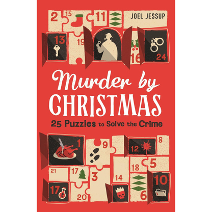Book cover of 'Murder by Christmas' with puzzle design elements on a red background