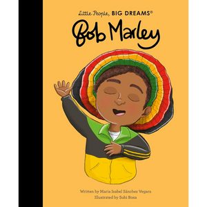 Book cover of 'Bob Marley' from 'Little People, Big Dreams' series with a stylized illustration of Bob Marley on a yellow background.
