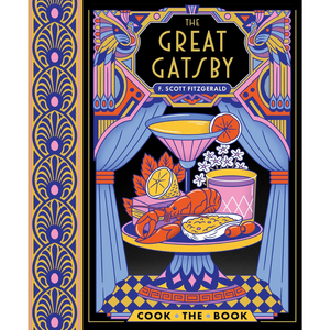 Cover of 'The Great Gatsby' cook book with art deco design, cocktail, and food illustration.