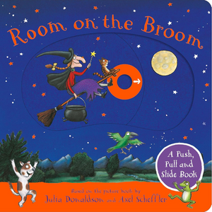 Cover of 'Room on the Broom' book with witch, cat, and dog on a broomstick against a night sky.