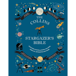 Book cover of 'The Collins Stargazer's Bible' with celestial illustrations on a blue background